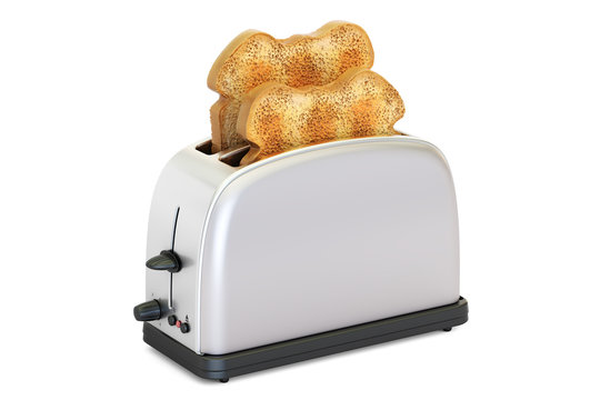 Toaster with bread, 3D rendering