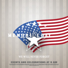 Memorial Day vector poster with text on the gradient brown background with american flag and stars pattern.