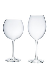 Two empty transparent wine glasses isolated on white.