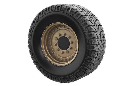 Car wheel military sand with rim. 3D rendering