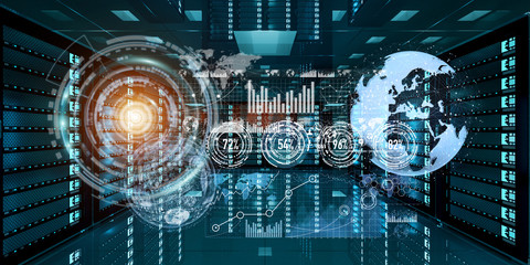 Graph holograms flying over server room data center 3D rendering