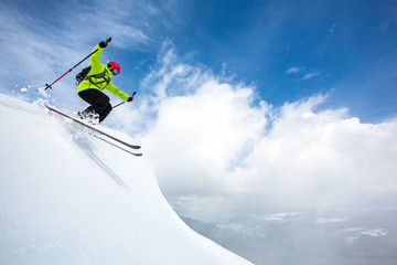 good skiing in the snowy mountains, Carpathians, Ukraine, good winter day, incredible ski jump, ski season
