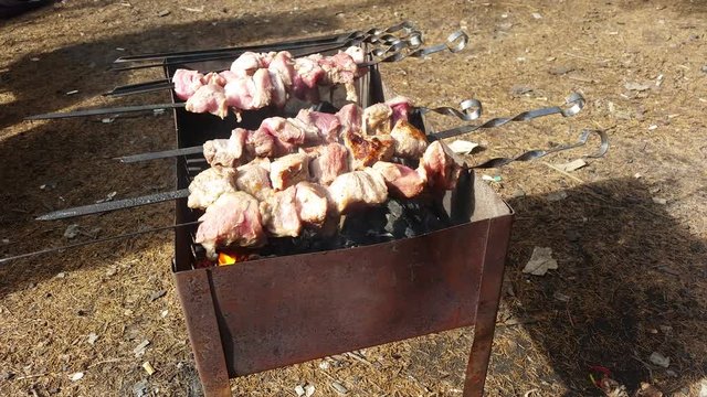 Juicy chunks of meat on skewers are roasted over coals