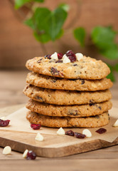 Home Baked Oatmeal Cookies With White Chocolate And Cranberries.
