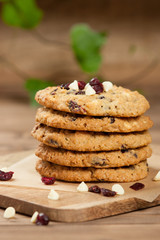Home Baked Oatmeal Cookies With White Chocolate And Cranberries.