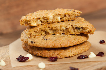 Home Baked Oatmeal Cookies With White Chocolate And Cranberries.