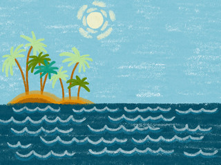 Colorful hand drawn ocean theme as blue waves of sea, island with palms and blue sky with sun on the blue chalk texture background. Cartoon illustration painted by paper chalk, high quality