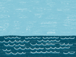 Colorful hand drawn ocean theme as blue waves of sea and blue sky on the blue chalk texture background. Cartoon illustration painted by paper chalk, high quality