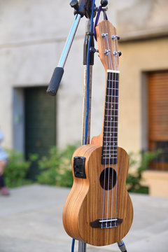 Wooden musical string instrument ukulele in a stand before a street concert.