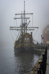 Old galleon ship at fog in Gdansk harbour