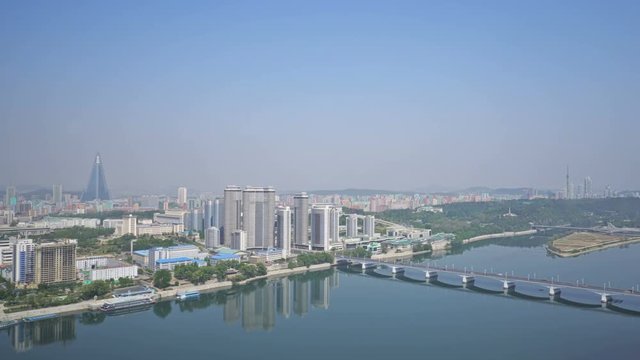 Panoramic view of Pyongyang and the Taedong river in the morning.  DPRK - North Korea. May 02, 2017. UHD - 4K