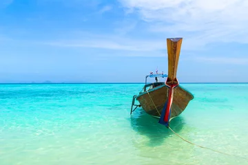 Zelfklevend Fotobehang Amazing view of beautiful beach with traditional thailand longtale boat. Location: Bamboo island, Krabi province, Thailand, Andaman Sea. Artistic picture. Beauty world. © olenatur