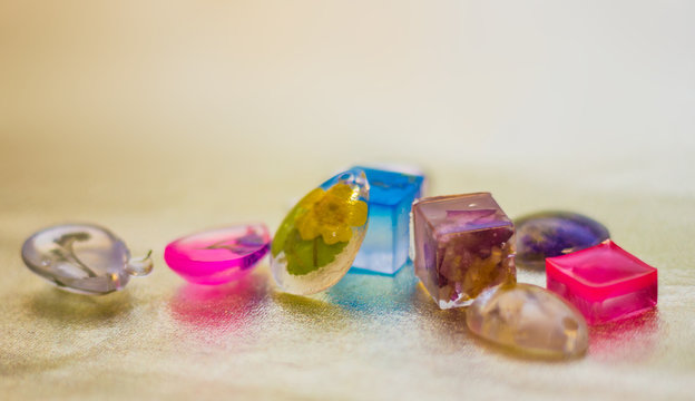 Colorful crystals made of epoxy resin close-up