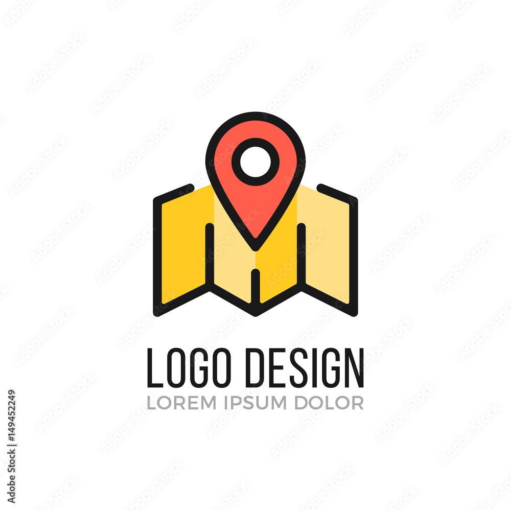 Poster location logo design concept. map and map pointer icon. modern vector logo