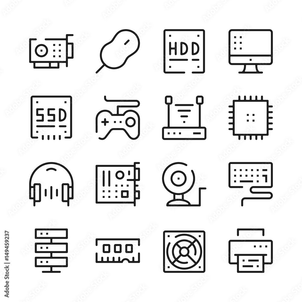 Poster computer hardware line icons set. modern graphic design concepts, simple outline elements collection