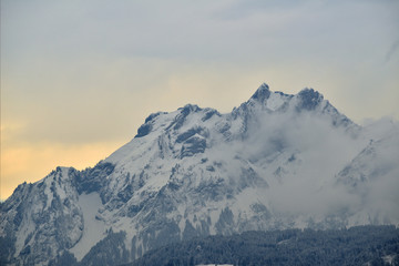 Snow mountain peak view from Lake Lucerne cruise