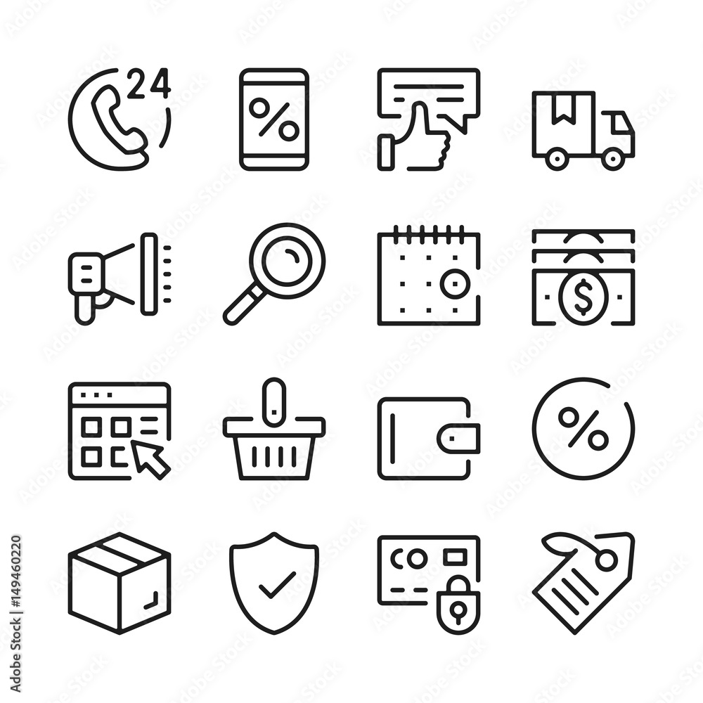 Poster online shopping line icons set. modern graphic design concepts, simple outline elements collection. 
