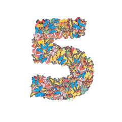 Number 5 made from butterfly isolated on white background