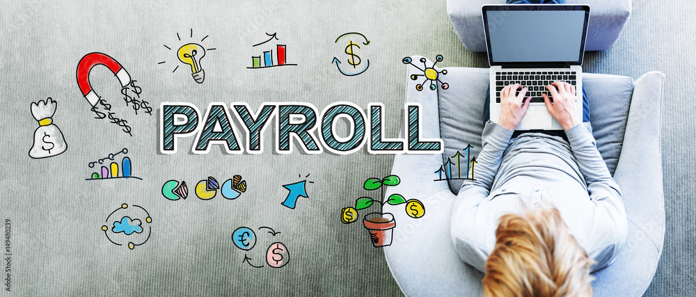 Poster payroll text with man using a laptop