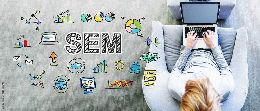 Poster sem text with man using a laptop