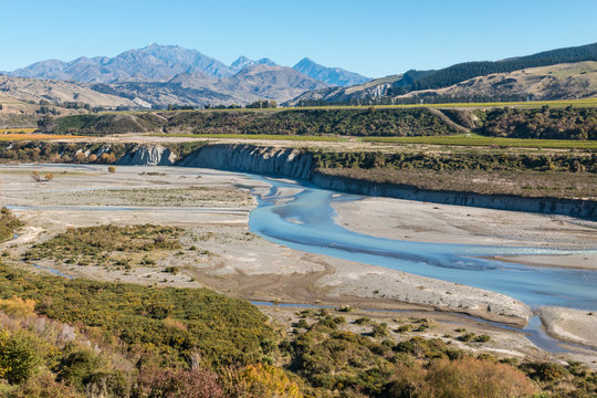 meandering river in Awatere valley in New Zealand