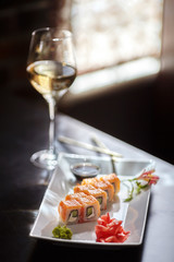 Philadelphia maki sushi rolls with salmon, cheese cream and cucumber © hdesert