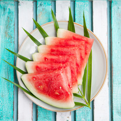 Watermelon slices on a plate. Top view.