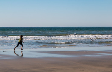Young Girl Running After Seagull at the Beach