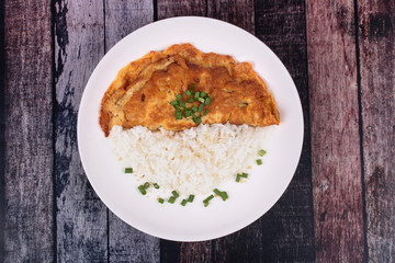 Thai recipe,Minced pork omelet with jasmine rice