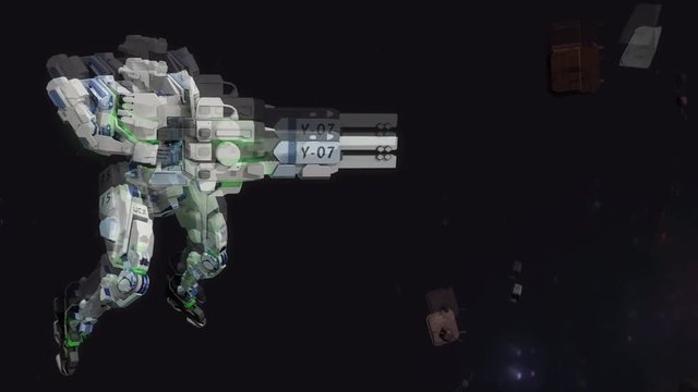 3D CG, battle robot shooting laser gun	