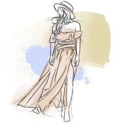 Beach Girl with Long Hair, Hat, and Bikini