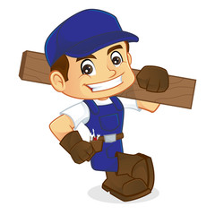 Handyman leaning on empty space carrying wood plank