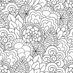 Round element for coloring book. Black and white floral pattern.