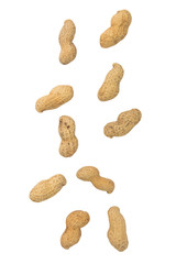 Falling peanuts on a white background.