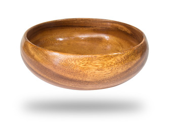 Empty round wooden bowl isolated on white background , clipping path.