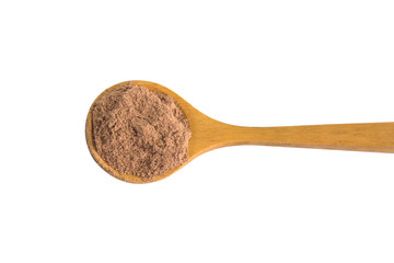 Pile cocoa powder in wooden spoon isolated on white background.