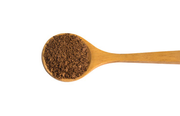 Pile of coffee powder in wooden spoon isolated on white background.
