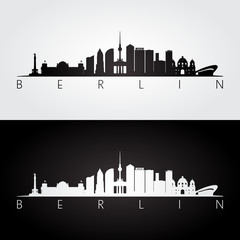 Naklejka premium Berlin skyline and landmarks silhouette, black and white design.