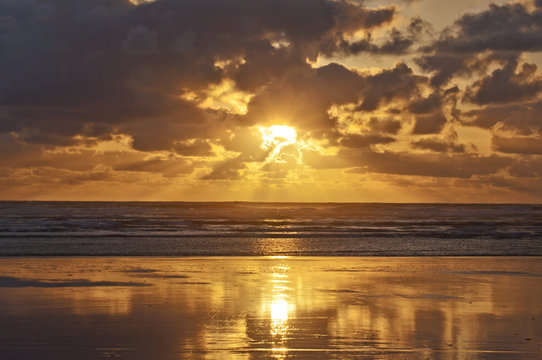 Fototapeta Golden sunset on the pacific ocean coast, USA/Golden sunset with reflection of clouds on beach