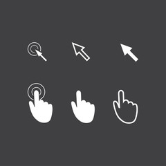 Cursor pointer icons. Click press and touch actions. Flat style.