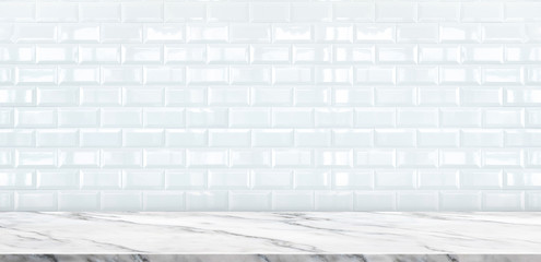 Empty white marble table top with white ceramic tile wall background,Mock up banner ads size for display or montage of product or your design ,Luxury modern theme