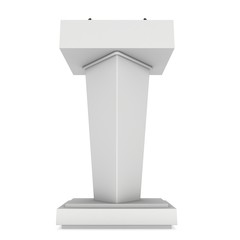 3d Speaker Podium. White Tribune Rostrum Stand with Microphones. 3d render isolated on white background. Debate, press conference concept