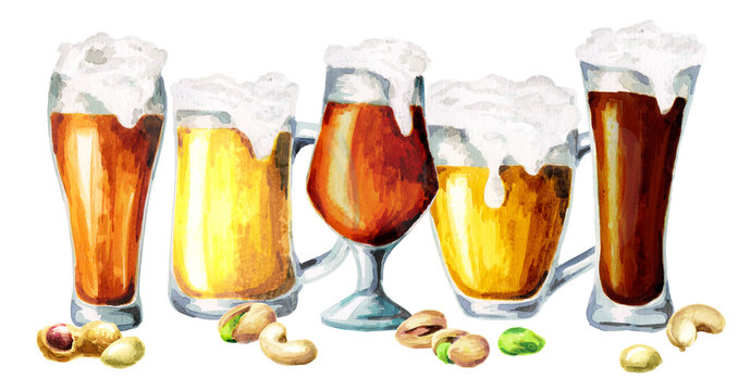 Different varieties of beer and snacks. Watercolor