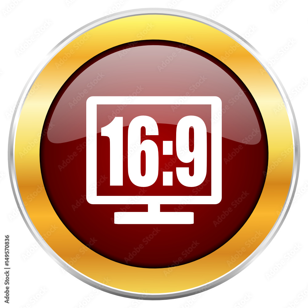 Poster 16 9 display red vector glossy round icon with golden chrome metallic border isolated on white background for web and mobile apps designers.