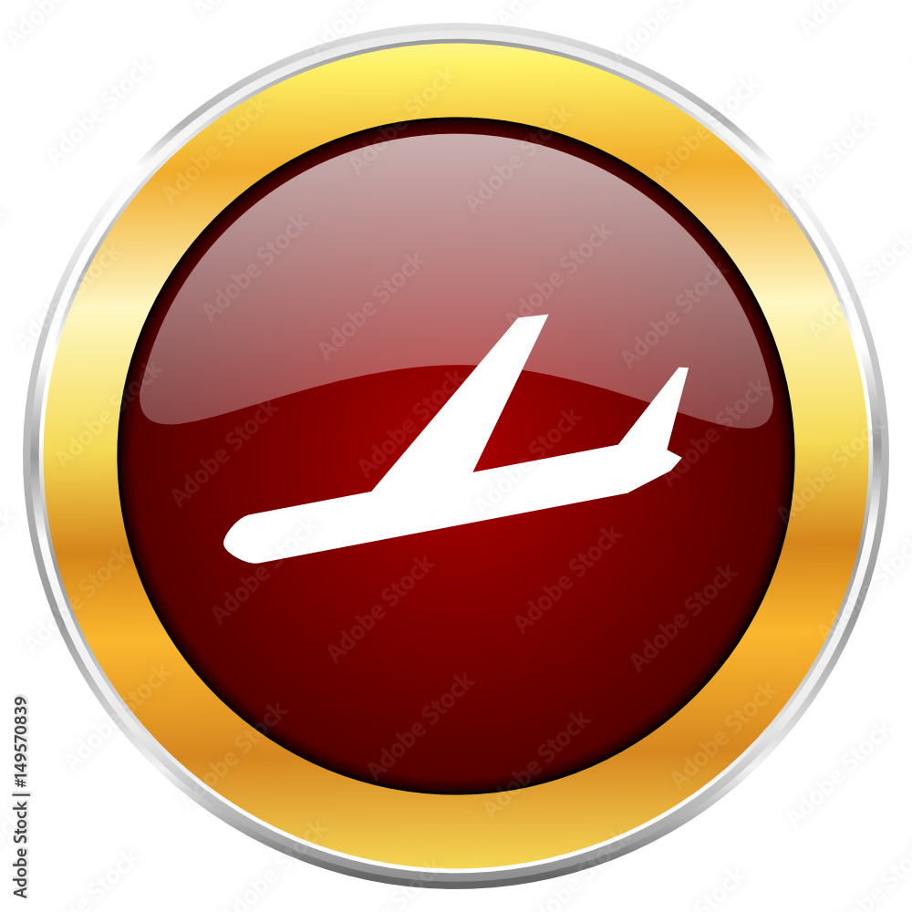 Poster Plane red vector icon with golden border isolated on white background.  
