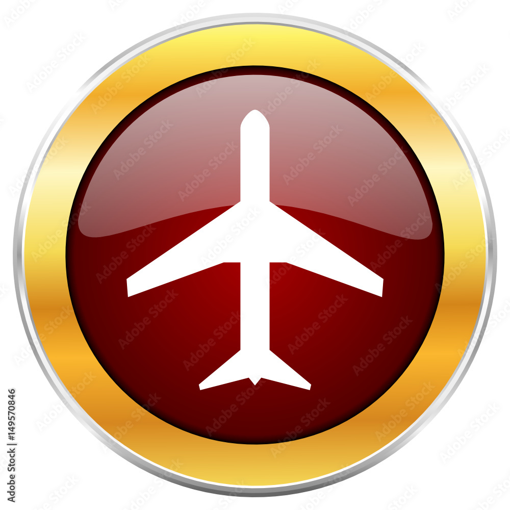 Poster  Plane red vector icon with golden border isolated on white background.  
