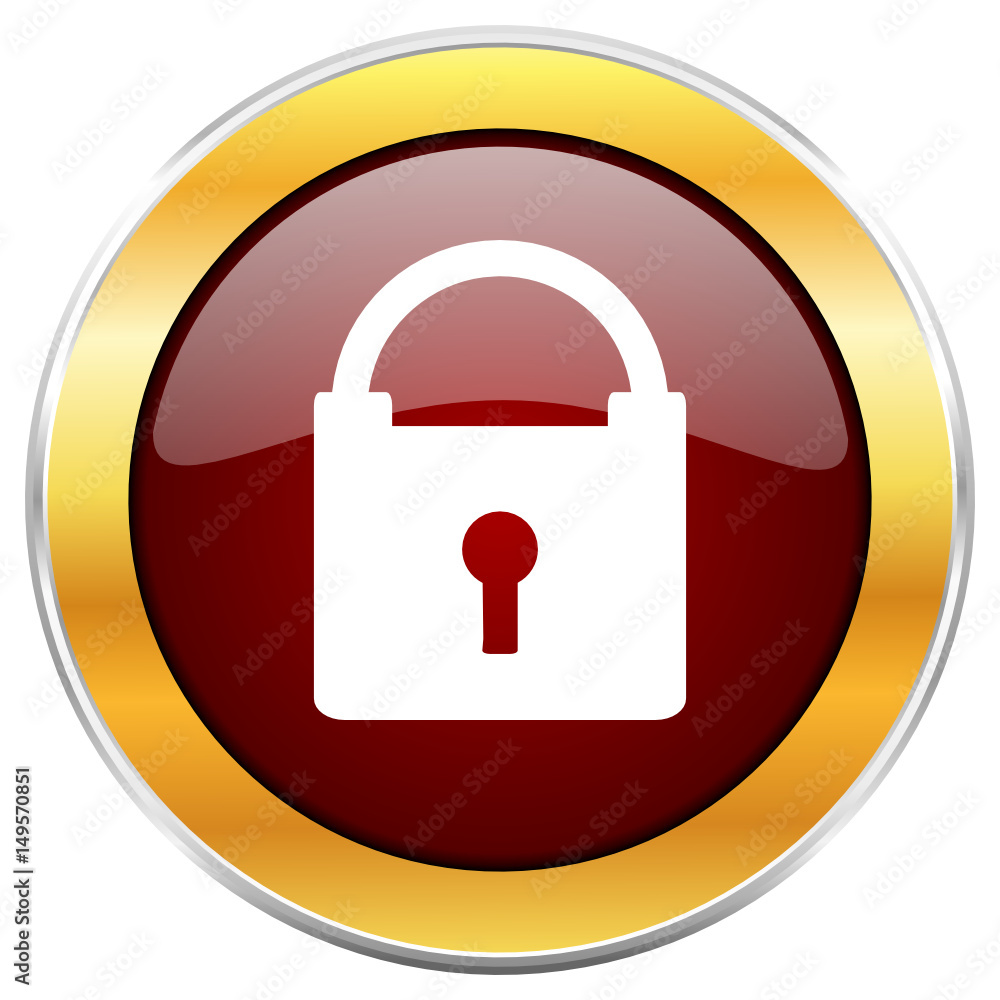 Poster Padlock red vector icon with golden border isolated on white background.