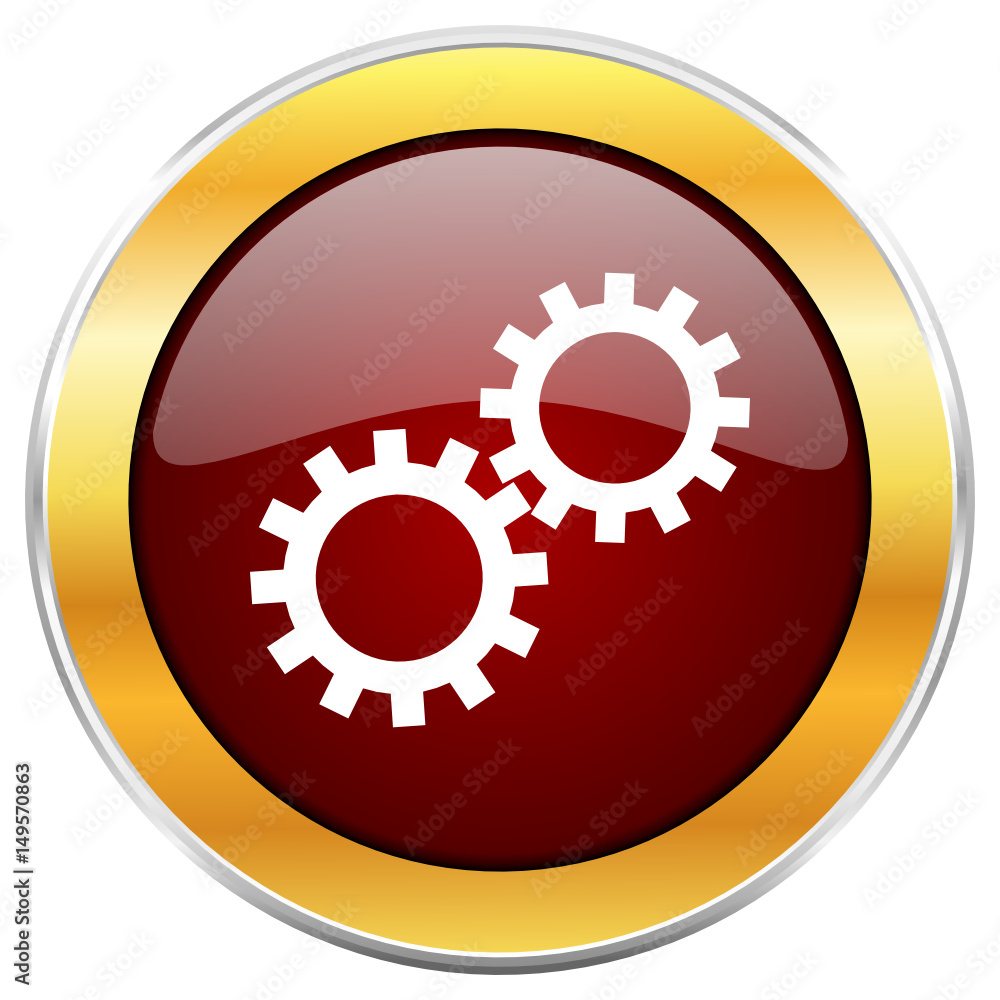 Poster gear red vector icon with golden border isolated on white background.