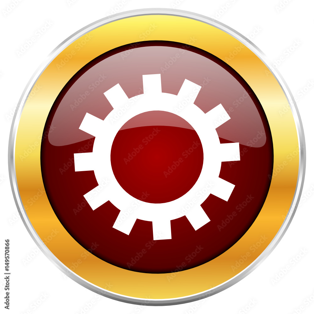 Poster gear red vector icon with golden border isolated on white background.