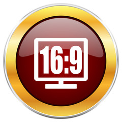 16 9 display red vector glossy round icon with golden chrome metallic border isolated on white background for web and mobile apps designers.